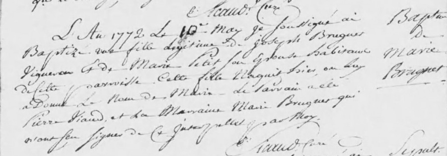 Birth certificate of Marie Brunet daughter of Jean Brugnet, ancestor (sixth generation) of the Lebreton Family
